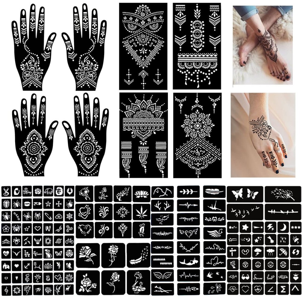QSTOHENA Pack of 12 Henna Temporary Tattoo Stencil Kit - 145Pcs Glitter Airbrush Tattoo Sticker Indian Arabian Black Henna Tattoo Temp for Women Kids