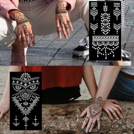 QSTOHENA Pack of 12 Henna Temporary Tattoo Stencil Kit - 145Pcs Glitter Airbrush Tattoo Sticker Indian Arabian Black Henna Tattoo Temp for Women Kids
