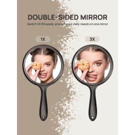 OMIRO Hand Mirror, Double-Sided Handheld Mirror 1X/3X Magnifying Mirror with Handle, Set of 3 (Transparent Black)