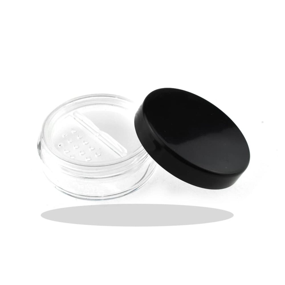 HAHIYO 4pcs 10ml/0.34oz Plastic Empty Travel Compact Case Makeup Cosmetic Jar Refillable Powder Box No Leak Holder with Rotatable Sifter and Black Screw Lid