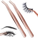 ANCIRS 2 Pack Eyelash Tweezers with Comb, 2 in 1 Stainless Steel Eyelash Applicator Tool for Curved False Eyelash Strip Lashes- Rose Gold