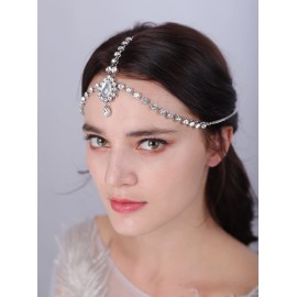JWICOS Boho Rhinestone Head Chain Bridal Wedding Hair Piece Crystal Holloween Bride Hair Accessories for Women and Girls (Silver)