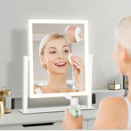 Acoolda Vanity Mirror with Lights, Makeup Mirror with Lights Three Color Lighting Modes, Dimmable Touch Screen, Detachable 10X Magnifying Mirror, 360Free Rotation,White