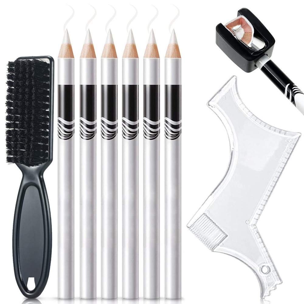 NewBang 8 Piece White Barber Pencil Set - Edge Hairline Razor Trace Pencils for Beard Guide and Shaping with Built-in Sharpener, Brush and Ruler