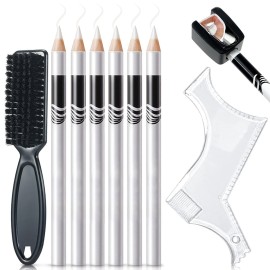 NewBang 8 Piece White Barber Pencil Set - Edge Hairline Razor Trace Pencils for Beard Guide and Shaping with Built-in Sharpener, Brush and Ruler