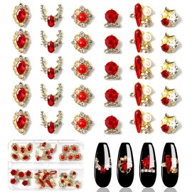 JERCLITY 30 Pieces 3D Luxury Alloy Gold Nail Charms Flat Back Red Nail Rhinestones Gems Jewels Crystal Diamonds for Nails Nail Pearls Diamonds for 3D Nails Art Decoration Accessories