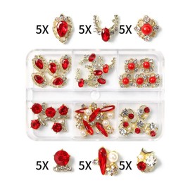 JERCLITY 30 Pieces 3D Luxury Alloy Gold Nail Charms Flat Back Red Nail Rhinestones Gems Jewels Crystal Diamonds for Nails Nail Pearls Diamonds for 3D Nails Art Decoration Accessories