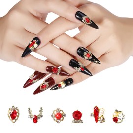 JERCLITY 30 Pieces 3D Luxury Alloy Gold Nail Charms Flat Back Red Nail Rhinestones Gems Jewels Crystal Diamonds for Nails Nail Pearls Diamonds for 3D Nails Art Decoration Accessories