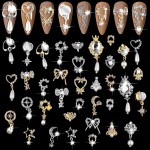 EBANKU 36 Pcs Luxury 3D Shiny Nail Art Charms - Rhinestone Diamonds Metal Jewelry Design Charms Gold Silver Heart Pearl Crystal Gems for Women DIY Beauty