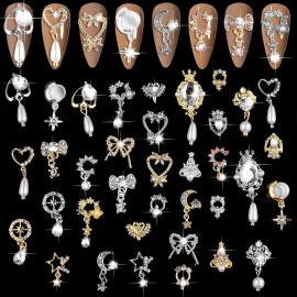 EBANKU 36 Pcs Luxury 3D Shiny Nail Art Charms - Rhinestone Diamonds Metal Jewelry Design Charms Gold Silver Heart Pearl Crystal Gems for Women DIY Beauty