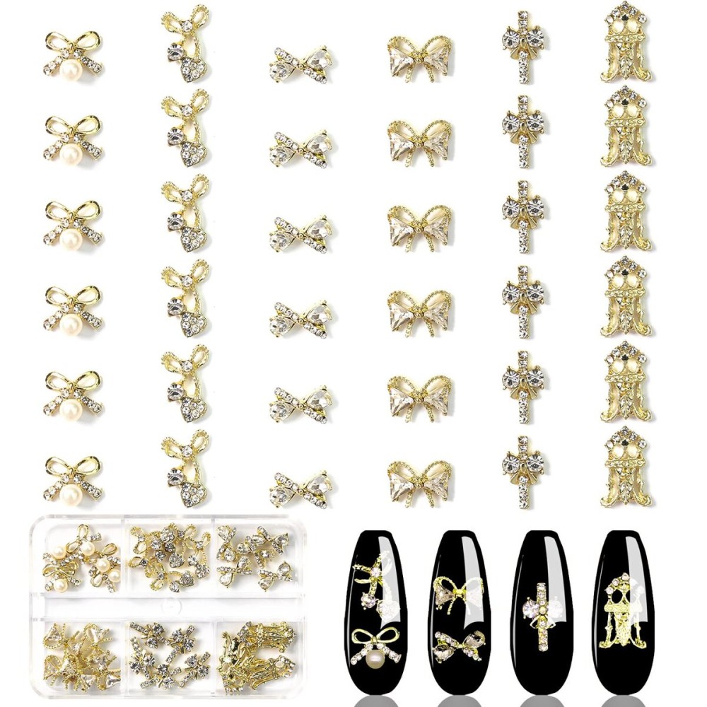JERCLITY 30 Pieces 3D Luxury Alloy Gold Bow Nail Charms with Glitter Rhinestone Pearl Flat Back Cross Nail Charms Crown Bowknot Nail Charms Studs Nail Jewelry Accessories for Nail Art Decorations