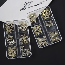 JERCLITY 30 Pieces 3D Luxury Alloy Gold Bow Nail Charms with Glitter Rhinestone Pearl Flat Back Cross Nail Charms Crown Bowknot Nail Charms Studs Nail Jewelry Accessories for Nail Art Decorations