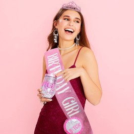 AOPRIE Birthday Crown for Women Birthday Girl Sash for Women Birthday Tiara for Women Birthday Girl Headband Princess Crown Rhinestone Happy Birthday Accessories Pink