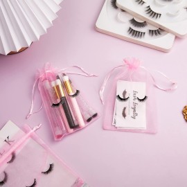 Reginary 100 Pcs Eyelash Aftercare Bags Eye Lash Print Makeup Bags Empty Beauty Gift Women Drawstring Cosmetic Organza Pouch for Makeup Jewelry Supplies(4 x 6 Inch,Pink Plus Black)