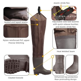 GREENWATER Hip Waders for Men Women with Boots Waterproof,2-Ply PVC/Nylon Adult Bootfoot Hip Waders with Cleated for Fishing & Hunting (Brown, M12)