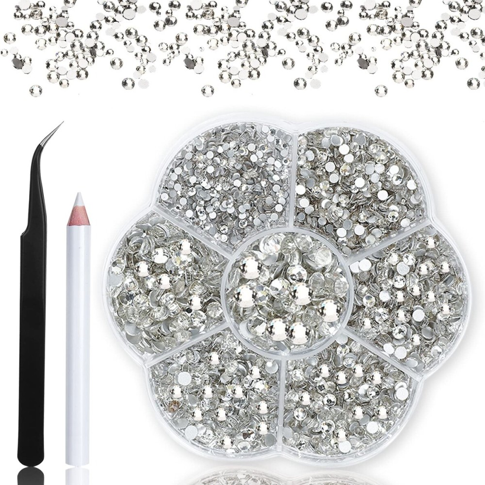 Rhinestones,3150pcs Clear Nail Gems Silver Face Jewels Tooth Eye Gems-Tiny Glass Nail Diamonds Stone Flatback-Small White Crystals Rhinestone for Acrylic Nails-Craft Gems with Wax Pen HINABTRU