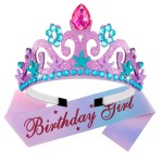 Canitor Mermaid Birthday Tiara, Crown, and Sash - Girl\'s Party Decorations and Favors with Headband