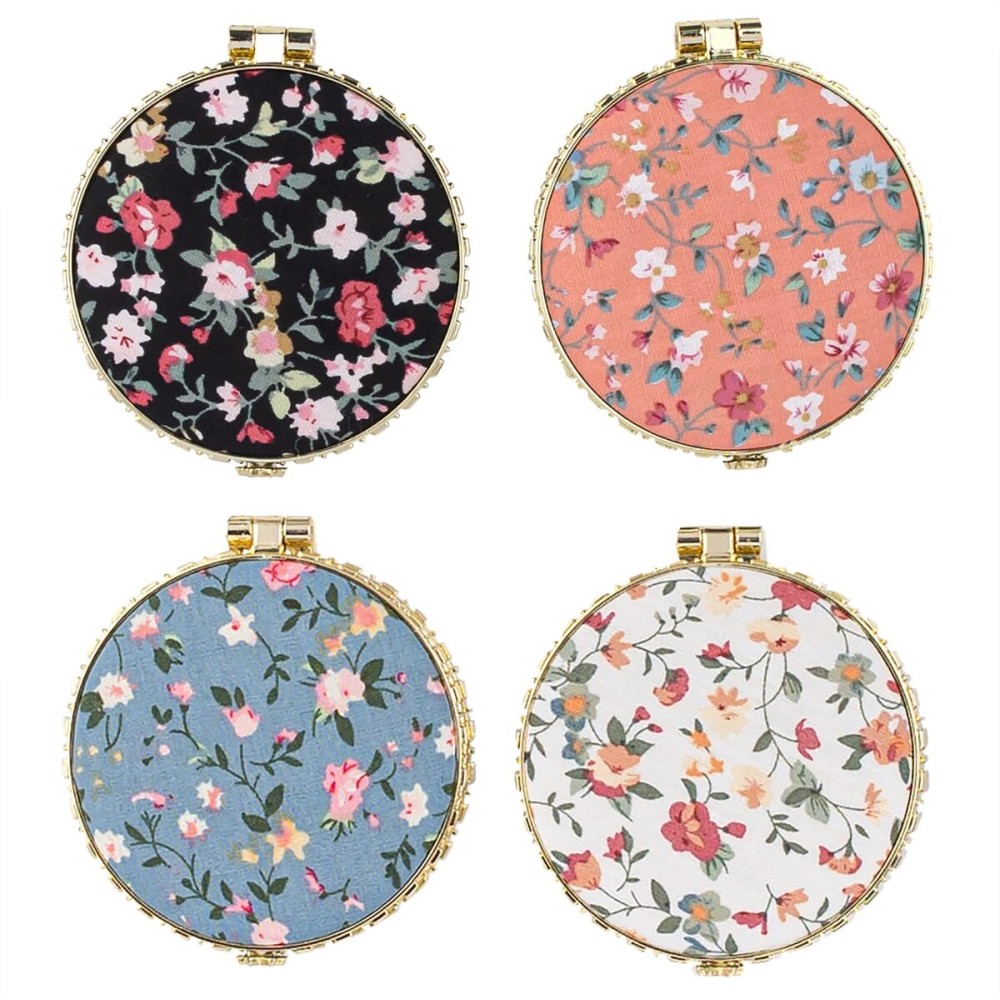 Framendino, 4 Pack Retro Floral Pocket Mirror Vintage Flowers Folding Makeup Compact Mirrors for Women Girls