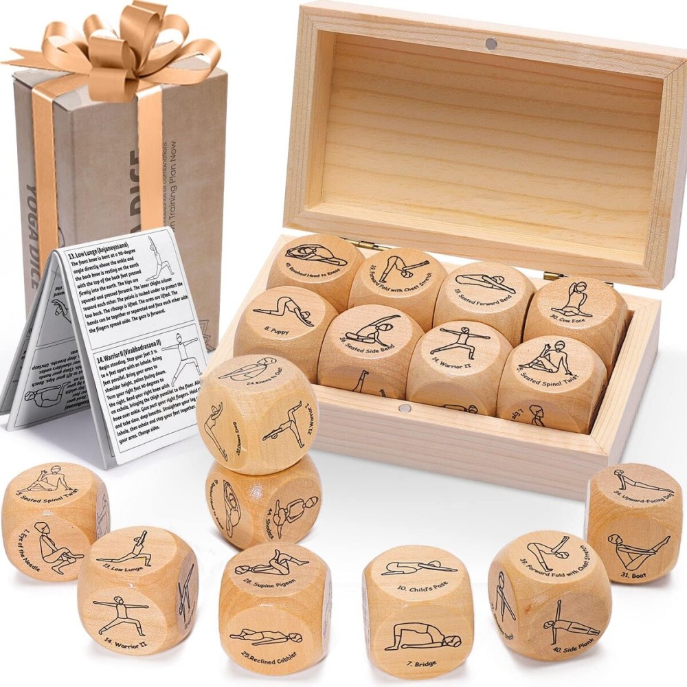 Garybank Yoga Dice in Wooden Gift Box with Practice Guide, 8 Workout Exercise Dice, Tons of Possible Combinations, Yoga Accessories Gifts for Beginners Women, Mindfulness Meditation Gifts,Fitness Dice