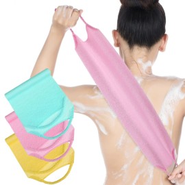 3 Pack Exfoliating Back Scrubber with Handles Exfoliating Washcloth Nylon Extended Length Body Exfoliator Brush Stretchable Pull Strap Back Washer for Shower Long Bath (Pink, Blue, Yellow) 3 Pack Exfoliating Back Scrubber with Handles Exfoliating Washcloth Nylon Extended Length Body Exfoliator Brush Stretchable Pull Strap Back Washer for Shower Long Bath (Pink, Blue, Yellow)