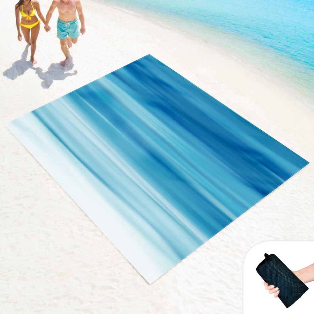 LkDiramio Beach Blanket Sand Proof Waterproof Oversized 100 x 80 Sand Free Mat with Corner Pockets and Mesh Bag for Outdoor, Picnic, Travel, Beach Accessories Portable, Gradient Blue Ocean