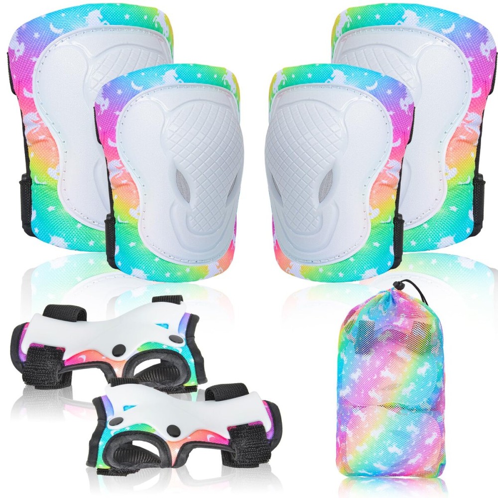 Knee Pads for Kids Elbow Pads Wrist Guards with Drawstring Mesh Bag, 7 in 1 Protective Gear Set for Girls Boys for Skating Cycling Scooter, 3-8 Years (Unicorn)
