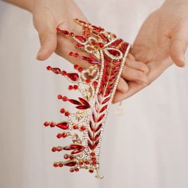 Wekicici Baroque Red Crystal Tiara Rhinestone Crown Queen Princess Tiara for Women Bridal Wedding Birthday Halloween Party (Red)