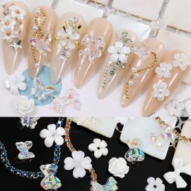 RODAKY 3D Nail Charms for Acrylic Nails Butterfly Flower Bear Nail Art Crafts Diamond for Nails Decoration Pearl Metal Nail Flatback Gem Crystal Rhinestones for Nail Design Charms DIY Crafts