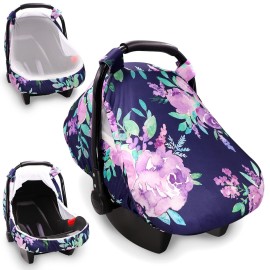 Baby Car Seat Cover, Purple Flower, Infant Carseat Canopy Girls, Summer Cozy Net Cover, Breathable Comfortable, Watercolor Floral