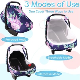 Baby Car Seat Cover, Purple Flower, Infant Carseat Canopy Girls, Summer Cozy Net Cover, Breathable Comfortable, Watercolor Floral