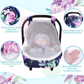 Baby Car Seat Cover, Purple Flower, Infant Carseat Canopy Girls, Summer Cozy Net Cover, Breathable Comfortable, Watercolor Floral