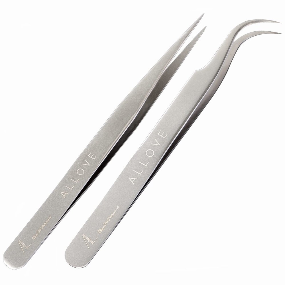 ALLOVE Eyelash Tweezers - Stainless Steel Lash Tweezers for Eyelash Extensions - Straight and Curved Lash Tweezers - Silver ALLOVE Eyelash Tweezers - Stainless Steel Lash Tweezers for Eyelash Extensions - Straight and Curved Lash Tweezers - Silver