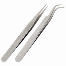 ALLOVE Eyelash Tweezers - Stainless Steel Lash Tweezers for Eyelash Extensions - Straight and Curved Lash Tweezers - Silver