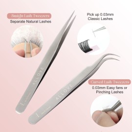 ALLOVE Eyelash Tweezers - Stainless Steel Lash Tweezers for Eyelash Extensions - Straight and Curved Lash Tweezers - Silver ALLOVE Eyelash Tweezers - Stainless Steel Lash Tweezers for Eyelash Extensions - Straight and Curved Lash Tweezers - Silver