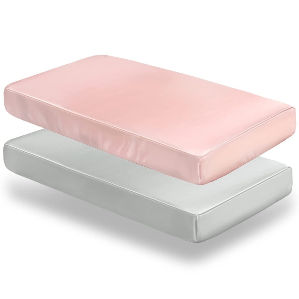SiinvdaBZX 2 Pcs Satin Crib Sheets for Baby Hair, Silky Soft Fitted Crib Sheets for Standard Crib and Toddler Mattress (Light Grey & Pink, 52 x 28 x 8In)