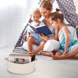 Small Woven Basket Cute Oval Cotton Rope Gifts Basket with Handle Empty Baby Wicker Storage Basket Nursery Box Bin Kids Organizer Cat Dog Toy Basket Easter Basket White