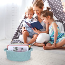 XUANGUO Small Woven Basket Cute Oval Cotton Rope Baby Gifts Baskets with Handle Empty Wicker Storage Baskets For Kids Cat Dog Toy Nursery Bin Easter Basket Light Green