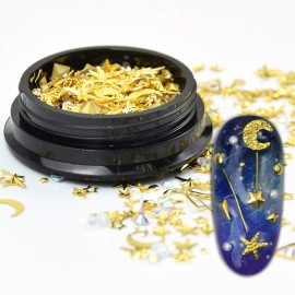 Katfan 3D Gold Nail Studs Gems Mixed Sparkle Rhinestones Crystals Pearls Beads Hollow Moon Star Metal Rivets Charms Micro 3D Nail Art Decoration for DIY Jewelry Diamonds Women Manicure(2 Boxes)