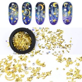 Katfan 3D Gold Nail Studs Gems Mixed Sparkle Rhinestones Crystals Pearls Beads Hollow Moon Star Metal Rivets Charms Micro 3D Nail Art Decoration for DIY Jewelry Diamonds Women Manicure(2 Boxes)