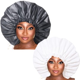 VEABEST jumbo eatra large shower cap for women reusable waterproof, 2 Packs adjustable shower cap bath hair cap for women thick, long hair, locs, braids (Black and White)