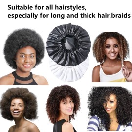 VEABEST jumbo eatra large shower cap for women reusable waterproof, 2 Packs adjustable shower cap bath hair cap for women thick, long hair, locs, braids (Black and White)