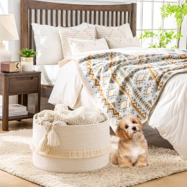 KAKAMAY Large Blanket Basket (20x13),Woven Baskets for storage Baby Laundry Hamper, Cotton Rope Blanket Basket for Living Room, Laundry, Nursery, Pillows, Baby Toy chest (White)