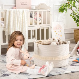 KAKAMAY Large Blanket Basket (20x13),Woven Baskets for storage Baby Laundry Hamper, Cotton Rope Blanket Basket for Living Room, Laundry, Nursery, Pillows, Baby Toy chest (White)