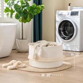 KAKAMAY Large Blanket Basket (20x13),Woven Baskets for storage Baby Laundry Hamper, Cotton Rope Blanket Basket for Living Room, Laundry, Nursery, Pillows, Baby Toy chest (White)