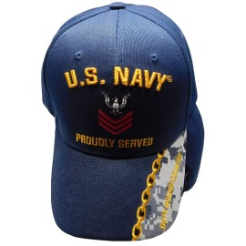 Trade Winds United States Navy Proudly Served Petty Officer First Class Duty Honor Courage Navy Blue Acrylic Adjustable Embroidered Baseball Hat Cap - Officially Licensed, Black, 7 3/4