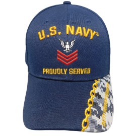 Trade Winds United States Navy Proudly Served Petty Officer First Class Duty Honor Courage Navy Blue Acrylic Adjustable Embroidered Baseball Hat Cap - Officially Licensed, Black, 7 3/4