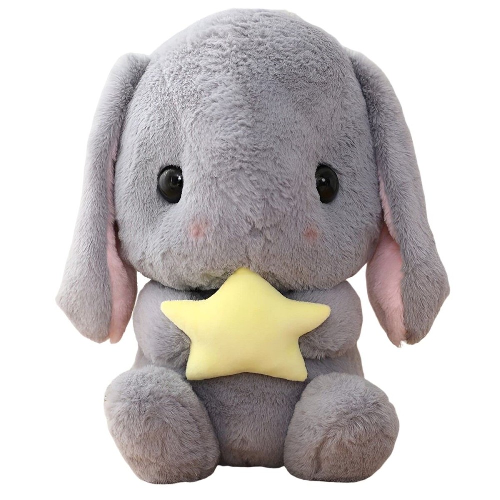 HOUPU Soft Toy - Sitting Lop Eared Rabbit, Easter White Rabbit Stuffed Bunny Animal with Carrot Soft Lovely Realistic Long-Eared Standing Pink Plush Toys (Gray-Star,12.5in/32cm)