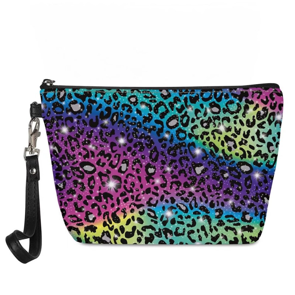Coldinair Rainbow Glitter Leopard Print Makeup Bag Cosmetic Bag for Women,PU Leather Pouch Toiletry Travel Organizer for Women Girls