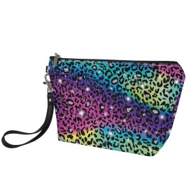 Coldinair Rainbow Glitter Leopard Print Makeup Bag Cosmetic Bag for Women,PU Leather Pouch Toiletry Travel Organizer for Women Girls