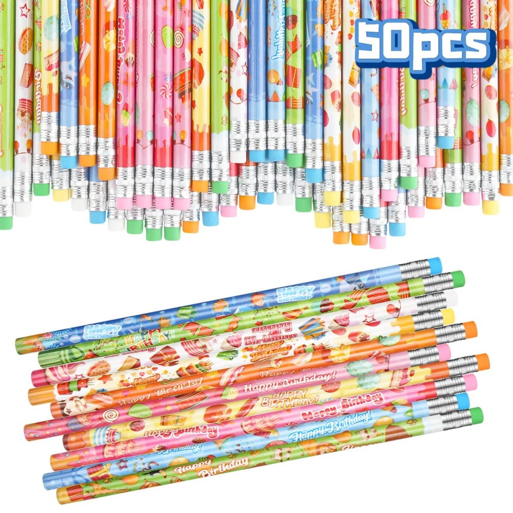 50 Pack Birthday Pencils Bulk, Happy Birthday Pencils for Kids with Erasers, Birthday Party Favors Supplies Goodie Bags Filler